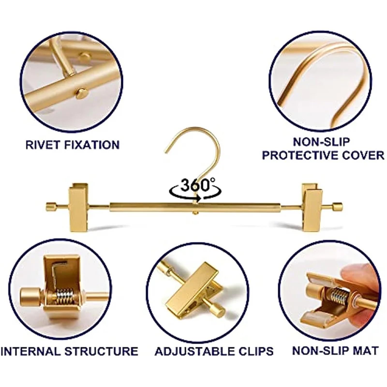 Perchas Pantalones Perchas de Aluminio Dorado for Pantalones, 5 Unidades, Suaves, Ligeras y Resistentes, Metal, con 2 Clips Antideslizantes Ajustables Gancho Giratorio(Gold)