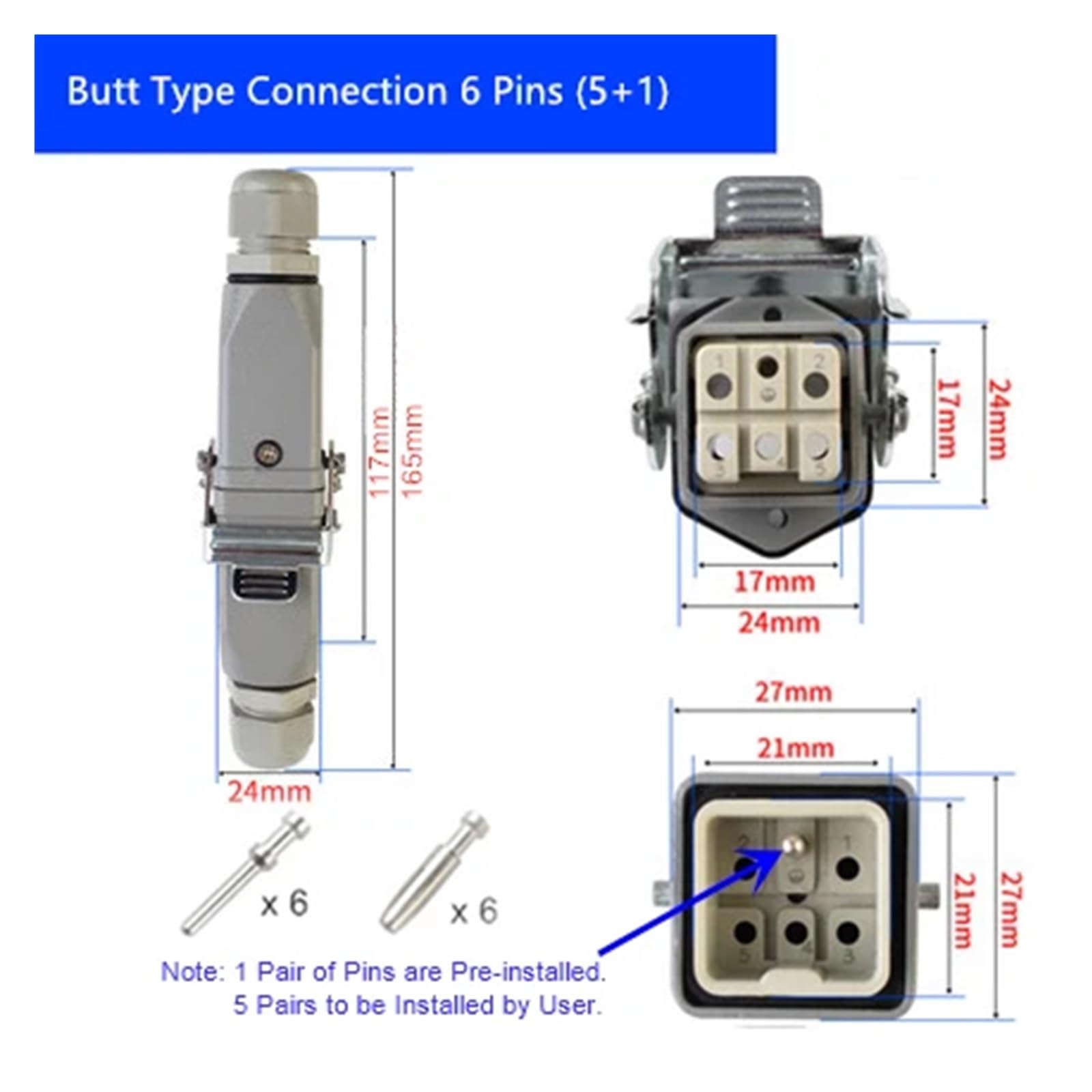 HA-Series Rectangular Industrial Connector 4-8 Pin IP65 Waterproof 10A 16A(Butt Type 6 pins)