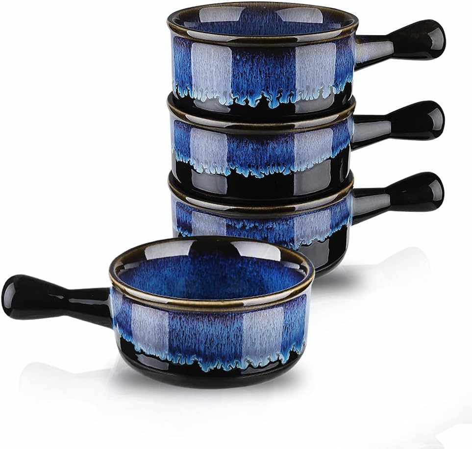 French Onion Soup Bowls With Handles Microwave Safe, 15 Oz Ceramic Soup Crocks for Oatmeal, Cereal, Stew, dessert, Reactive Glaze Set of 4 (Nebula Blue)