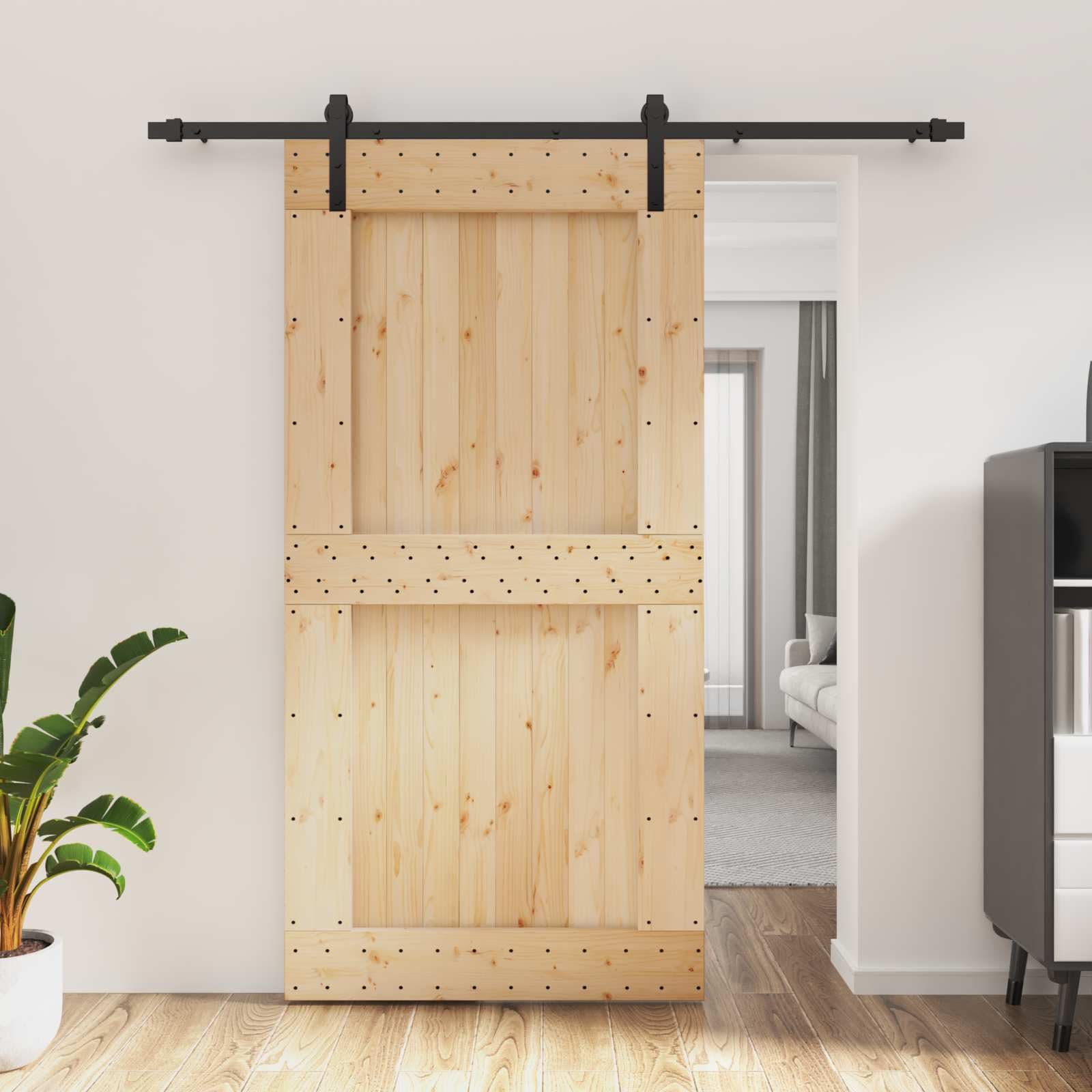 Porte coulissante en pin noir 100x210 cm avec son rail moderne en acier
