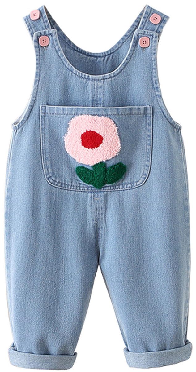 Salopette Bambina in Denim Bimba Tuta Pantaloni con Bottoni Bretelle Comodo Cotone Pagliaccetto Senza Maniche con Fiori Ricamati Tasche, Taglia 9 Mesi - 5 Anni