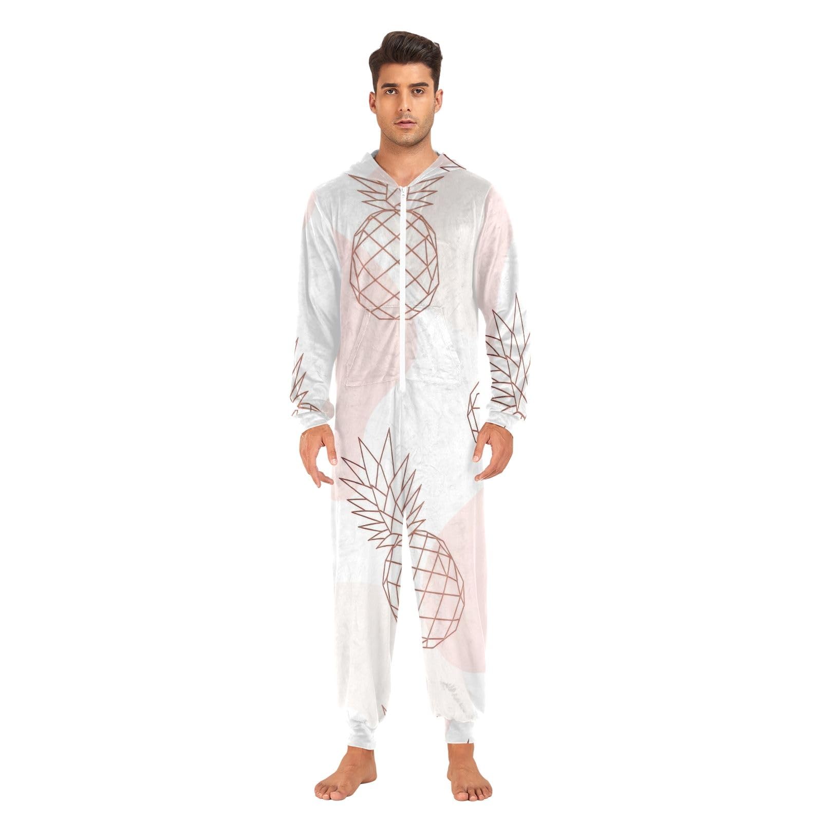 Pigiama intero natalizio con ananas, bianco e rosa, per adulti, unisex, in morbido pile con cappuccio e cerniera