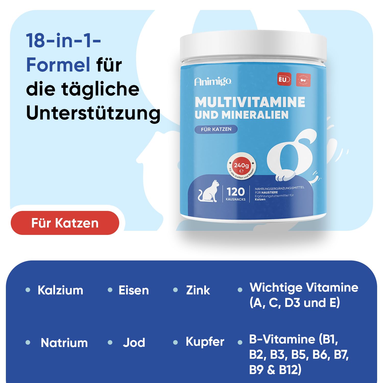 Animigo Multivitamine für Katzen - 120 Vitamine Kausnacks - Mit Vitamin B Komplex(Biotin, Folsäure), C, D3, Kalzium, Eisen, Kupfer, Jod, Zink - 18 Mineralien & Vitamine für Katzen & Kätzchen Immunität