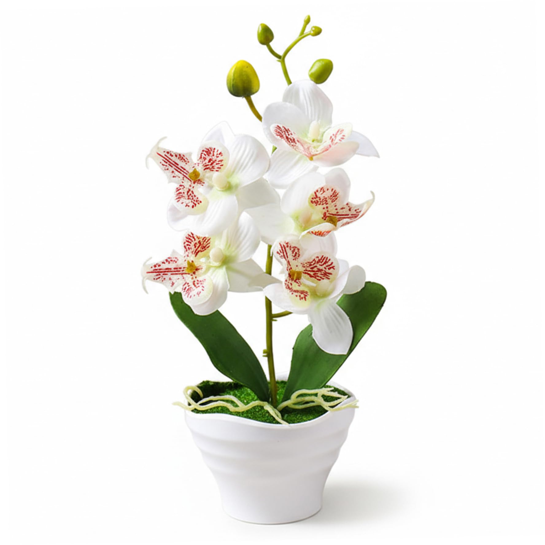 Pineeseatile Artificial Orchid in Pot Realistic Silk Faux Orchid for Home Decor, White, with 5 Blooms for Table Centerpiece