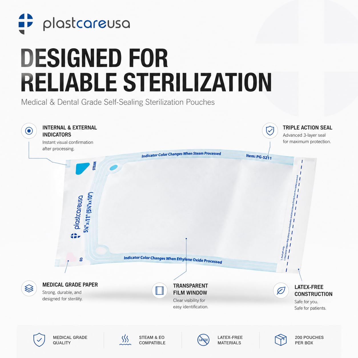 Getue 200 5.25 x 10 Self-Sterilization Pouches for Cleaning Tools, Autoclave Sterilizer Bags for Dental Offices, Pouch for Dentist Tools, 200 Bolsas, 1 Box of Paper Blue Film…
