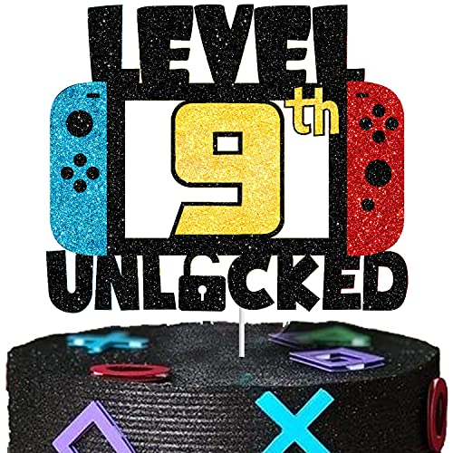 9 LEVEL UNLOCKED Birthday Cake Topper - 9th Happy Birthday Gamepad Cake Topper - Video Game Kids Boy Girl Bday Party Decorations Supplies - Handmade black gold red blue Glitter