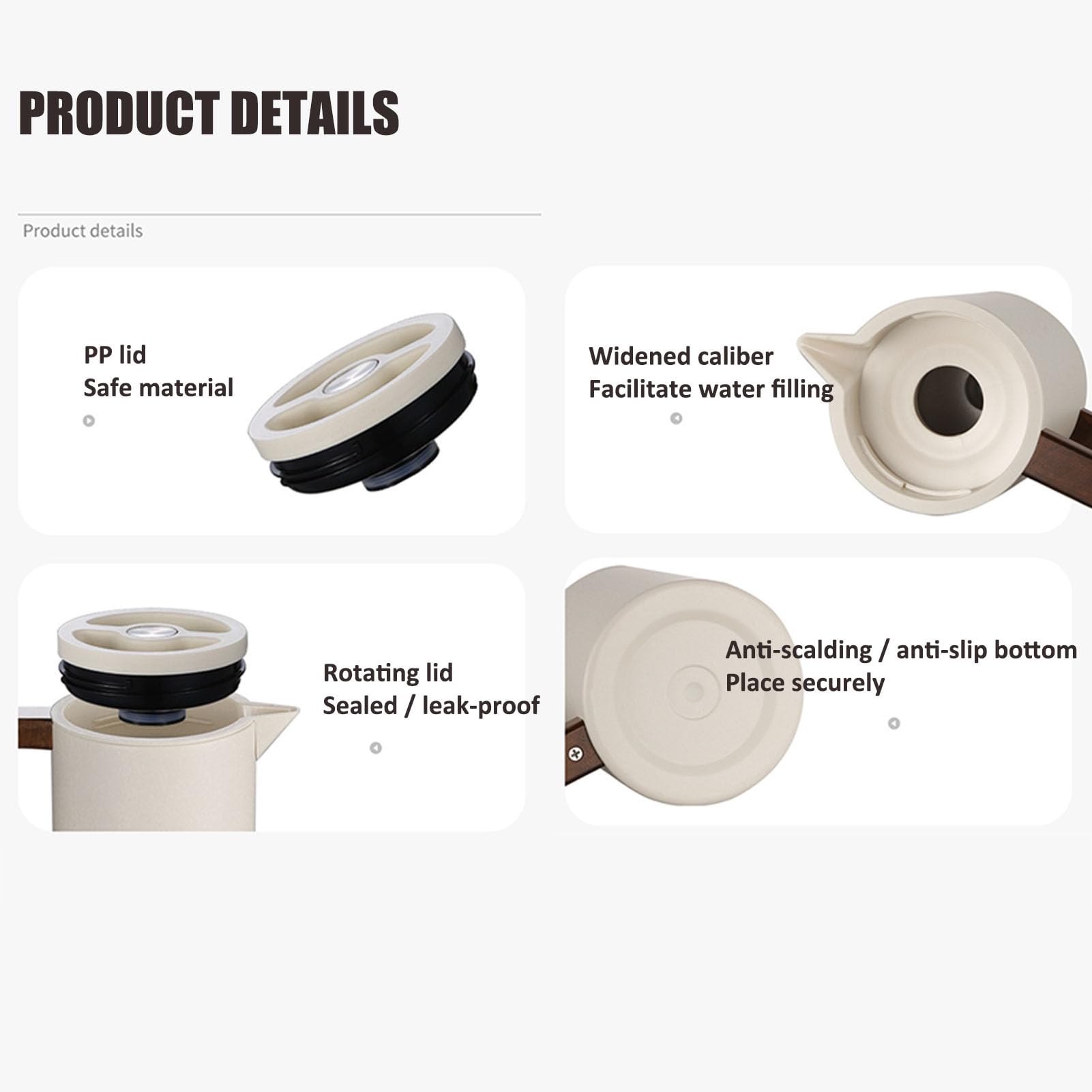 Thermoskanne Kaffeekannen Edelstahl Vakuum Isolations, Heißer Und Kalter Teekaffee, Mit Holzgriff, Thermosflasche Für Zuhause, Hotel, Büro (Beige,600ml)