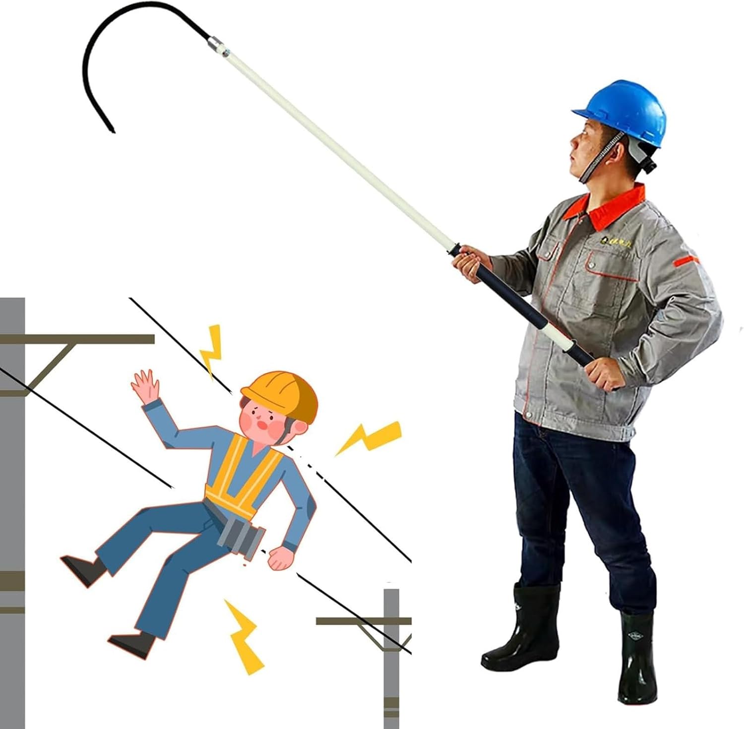 Lightweight Portable High Voltage Electrical Safety Tool Insulated Rescue Hook, 3.2cm Thick Fiberglass Life-Saving Pull Rod for 10kv 35kv 110kv, Electric Vehicles, Electrical Gear(Yellow,4.9ft/1.5m)