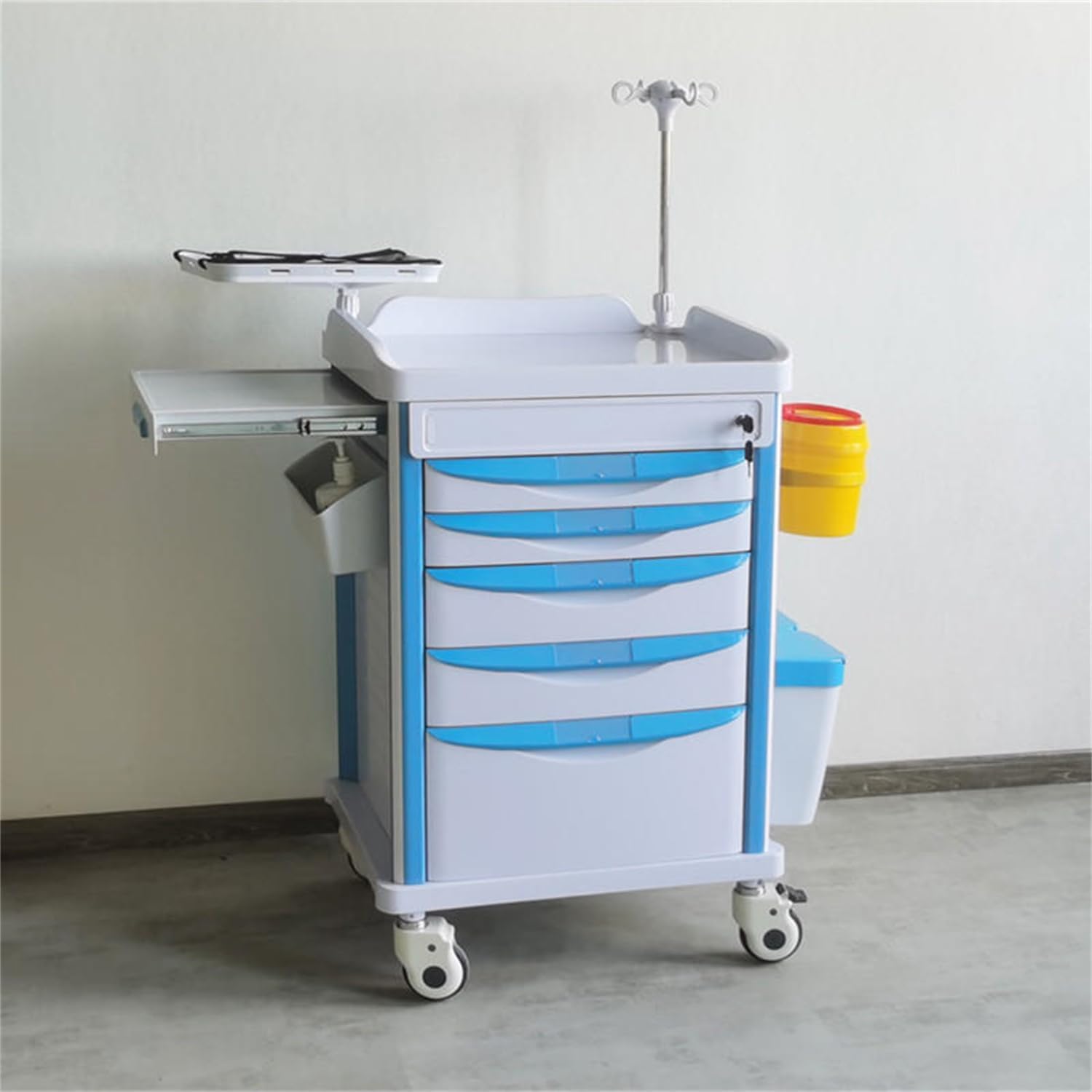 Carrello medico con palo IV, carrello ospedaliero, cestino della spazzatura, cassetti divisi, carrello di emergenza mobile per cliniche e ospedali