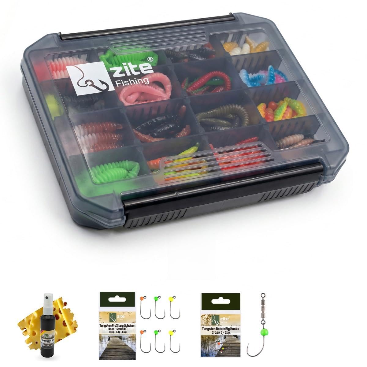 Zite Fishing No Mercy UL Pro Box Set | 128 Forellen-Gummiköder Set inkl. | Tungsten Haken & Knoblauch Lockstoff | Forellenköder wie Curly Viper, Twerky Tailer & Mighty Mag | UV-aktiv & Phthalatfrei