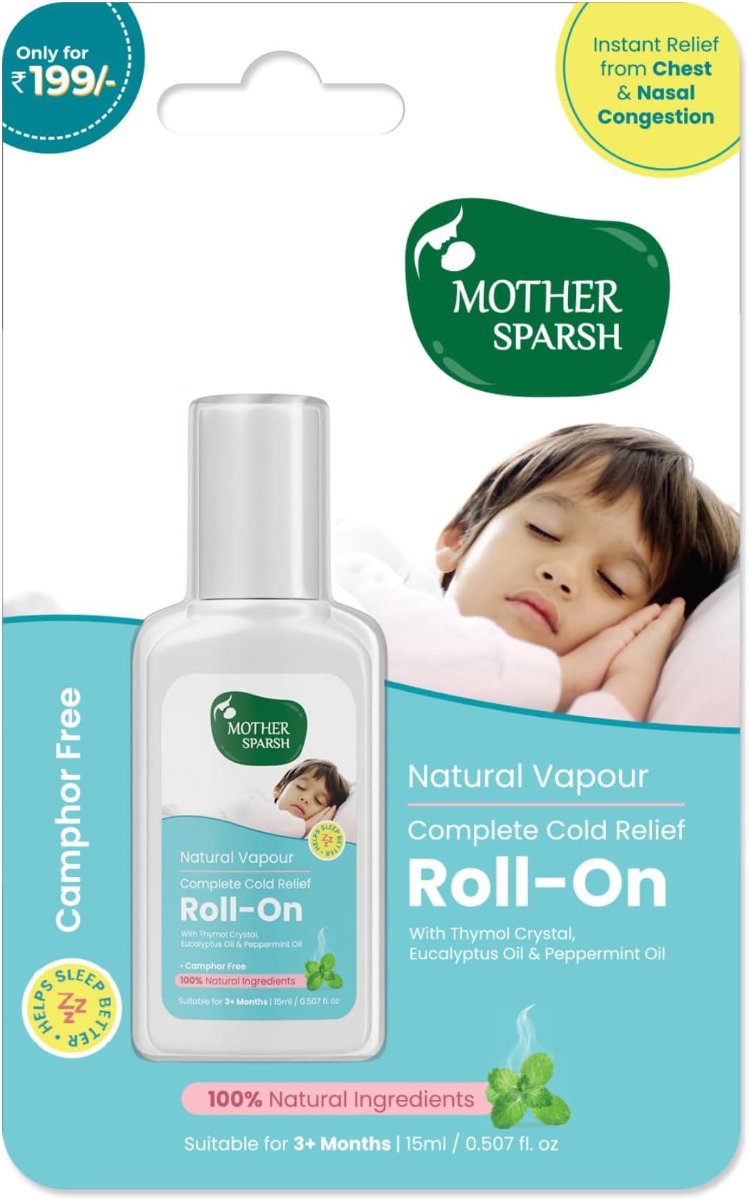 Mother Sparsh Natural Vapour Complete Cold Relief Roll-On for Babies-15ml | With Thymol Crystal, Eucalyptus Oil & Peppermint Oil for Cold & Cough | 100% Natural | Relieves Chest Congestion