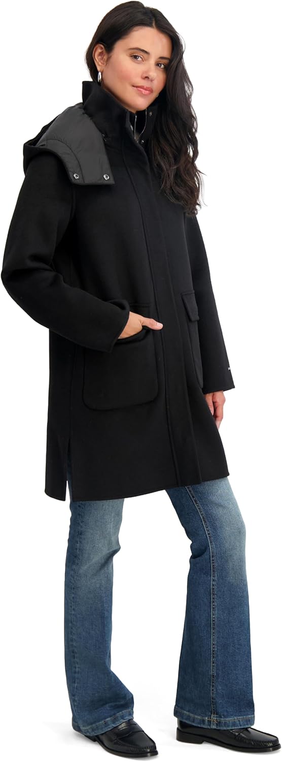 TAHARI Women's Double-faced Soft Wool Blend Zip Front Coat With Detachable Hood & Cargo Pockets, 34" Length