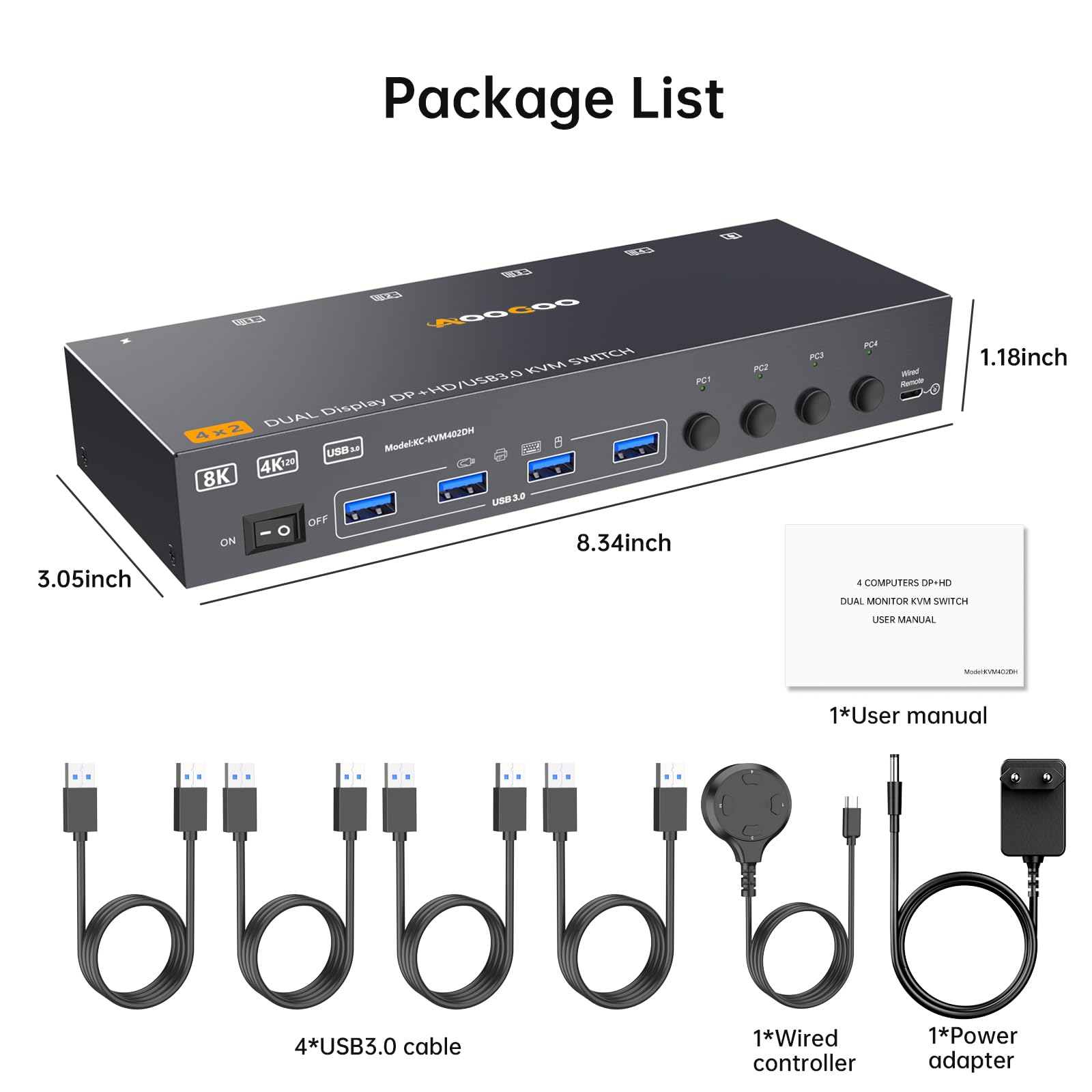 8K@60Hz/4K@144Hz HDMI DP KVM Switch 4 PC 2 Monitore,USB 3.0 KVM Switches mit 4 USB Anschlüssen für 4 Computer Dual Monitor,Kabelfernbedienung und USB-Kabel im Lieferumfang enthalten