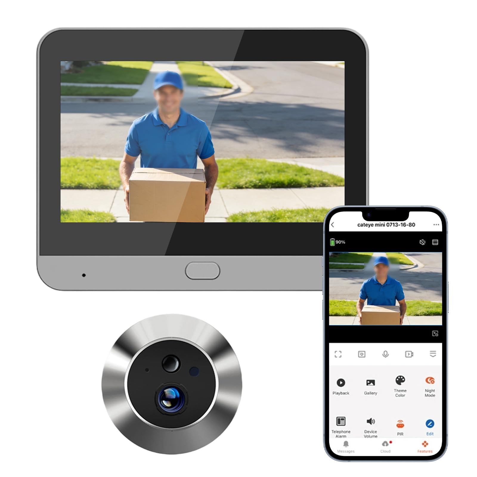 Cámara de Mirilla Digital Inteligente con Conexión WiFi de 2,4 GHz, Cámara Gran Angular de 1080p, Pantalla LCD de 4,3 Pulgadas, Detección de Movimiento PIR, Visión Nocturna y Batería de 5000 mAh