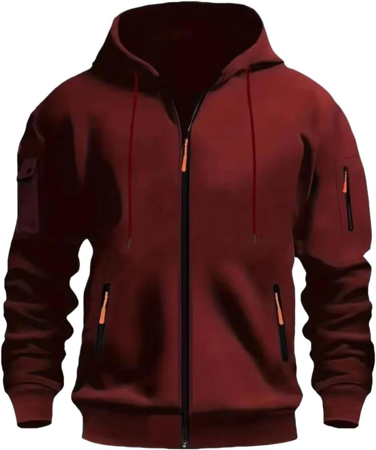Men's Sweatshirt Hoodie Zipper Arm Pocket Cardigan Sport Coat-Dark-Dark-Red