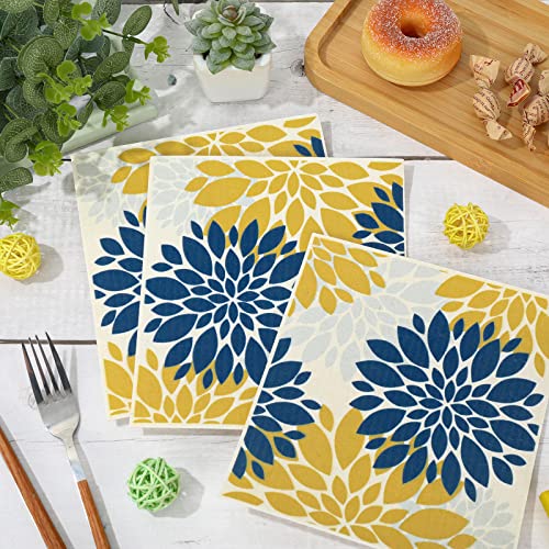 Whaline Dahlia Swedish Kitchen Dishcloth Navy Blue Yellow Silver Flower Absorbent Cotton Kitchen Towel Spring Summer Geometric Cleaning Dishcloths For Party Home Housewarming Cleaning, 7 X 8 In, 6Pcs #TOP3