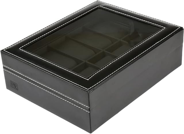 H&S Glass Lid 10 Watch Jewellery Display Storage Box Case Bracelet Tray Faux Leather Black for Men Women