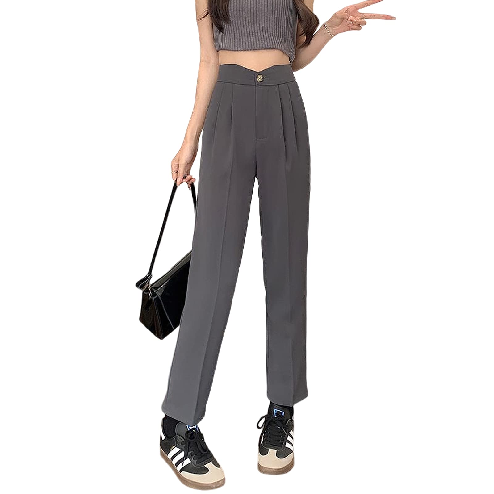 Womens Ankle Dress Pants Elastic High Waisted Work Business Casual Tapered Pleated Ankle Slacks with Pockets