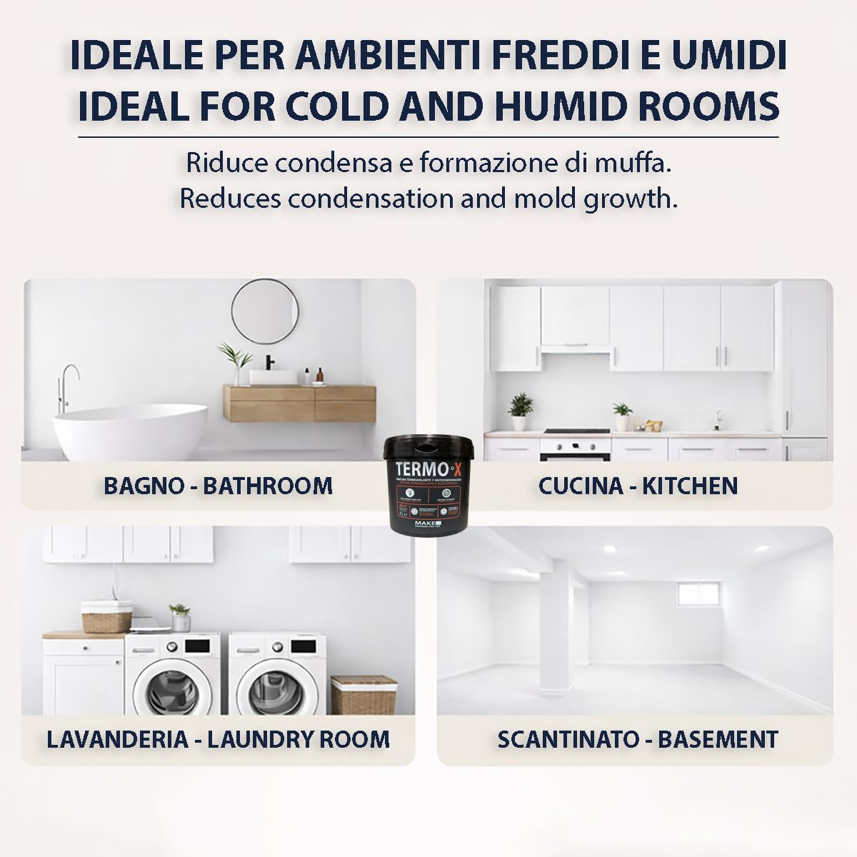 MAKE Pittura Antimuffa Termica Interni 4 L - Pittura Anti Condensa per Pareti Fredde - Stop Muffa Bagno Cucina - Microsfere 3M Isolanti - Copre 24 m² - Bianco Opaco