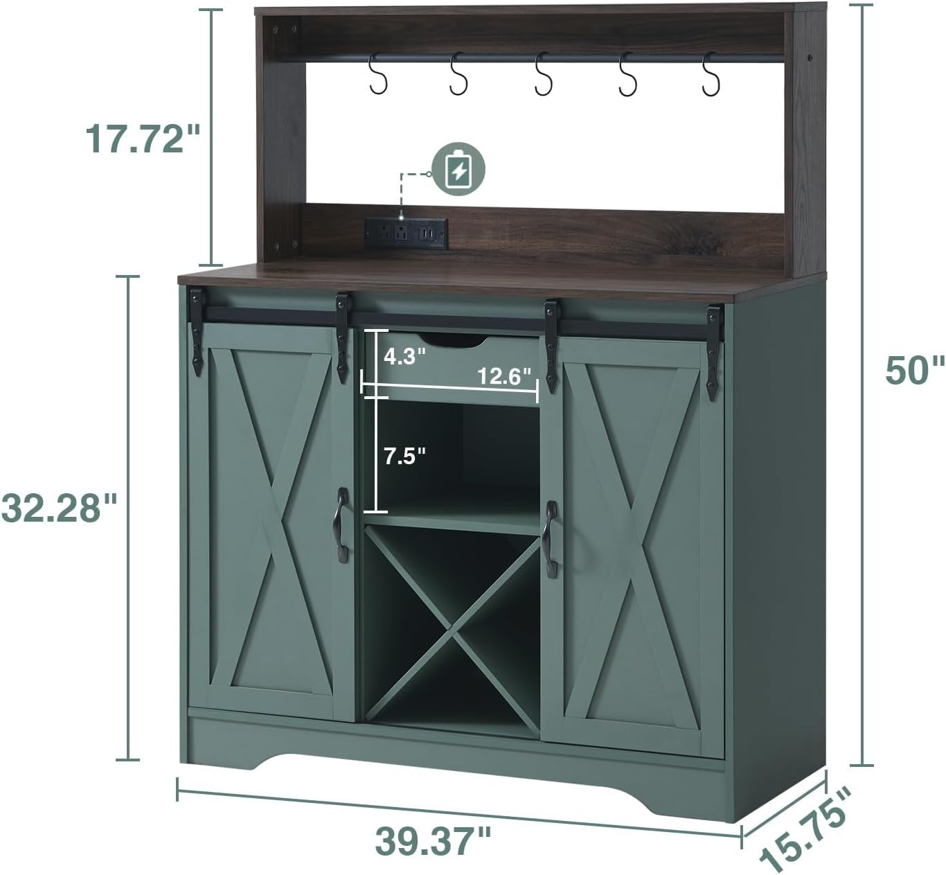 Wnutrees Farmhouse Coffee Bar Cabinet with Charging Station and USB Ports,Sliding Barn Door,39" Kitchen Hutch Sideboard Buffet Storage Cabinet,Fits Kitchen Dining Living Room, Green