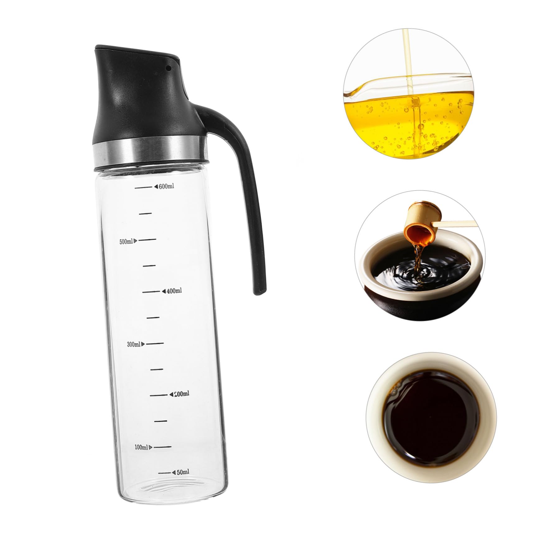Aceitera de Vidrio Negra con Escala, Asa Ergonómica y Uso Cocina | Acero Inoxidable y Pp, Formato Portátil, Recipiente para Aceite y Vinagre, Bote para Salsa
