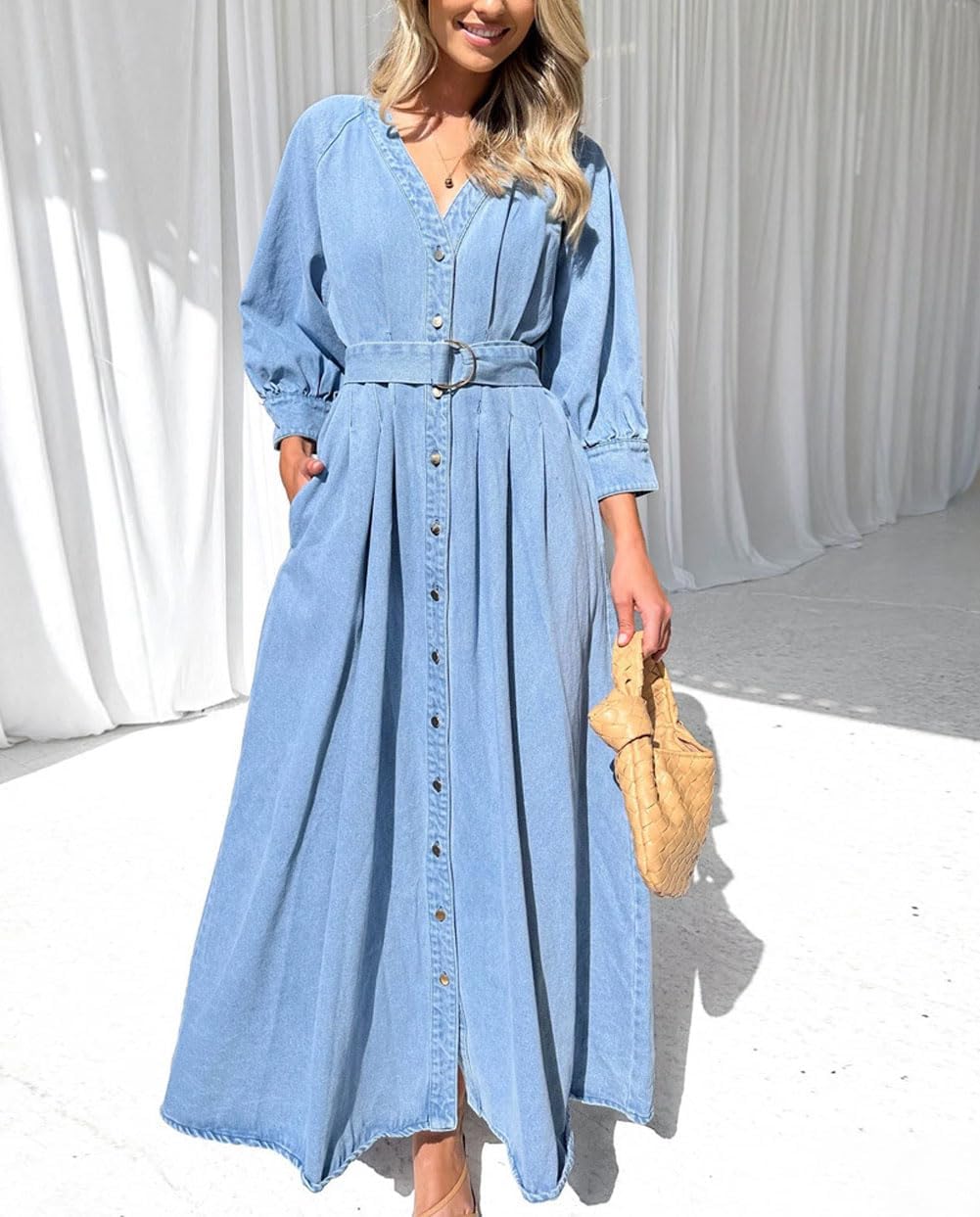 chouyatou Women's Boho V-Neck Button Down Swing Maxi Denim Dress 3/4 Sleeve Casual Belted Long Jean Dress - Image 6