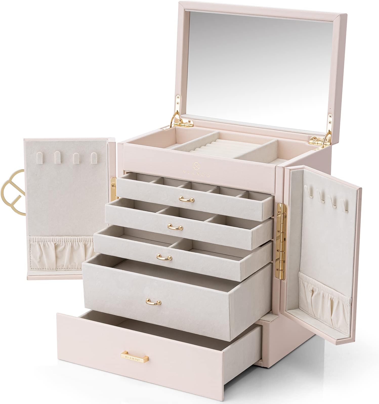 Vlando Large Jewelry Organizer Box for Women,Faux Leather Jewelry Storage with 5 Drawn,Watch Necklace Rings Earrings Case for Mothers Day Gift for Mom Wife Women(Apricot White)