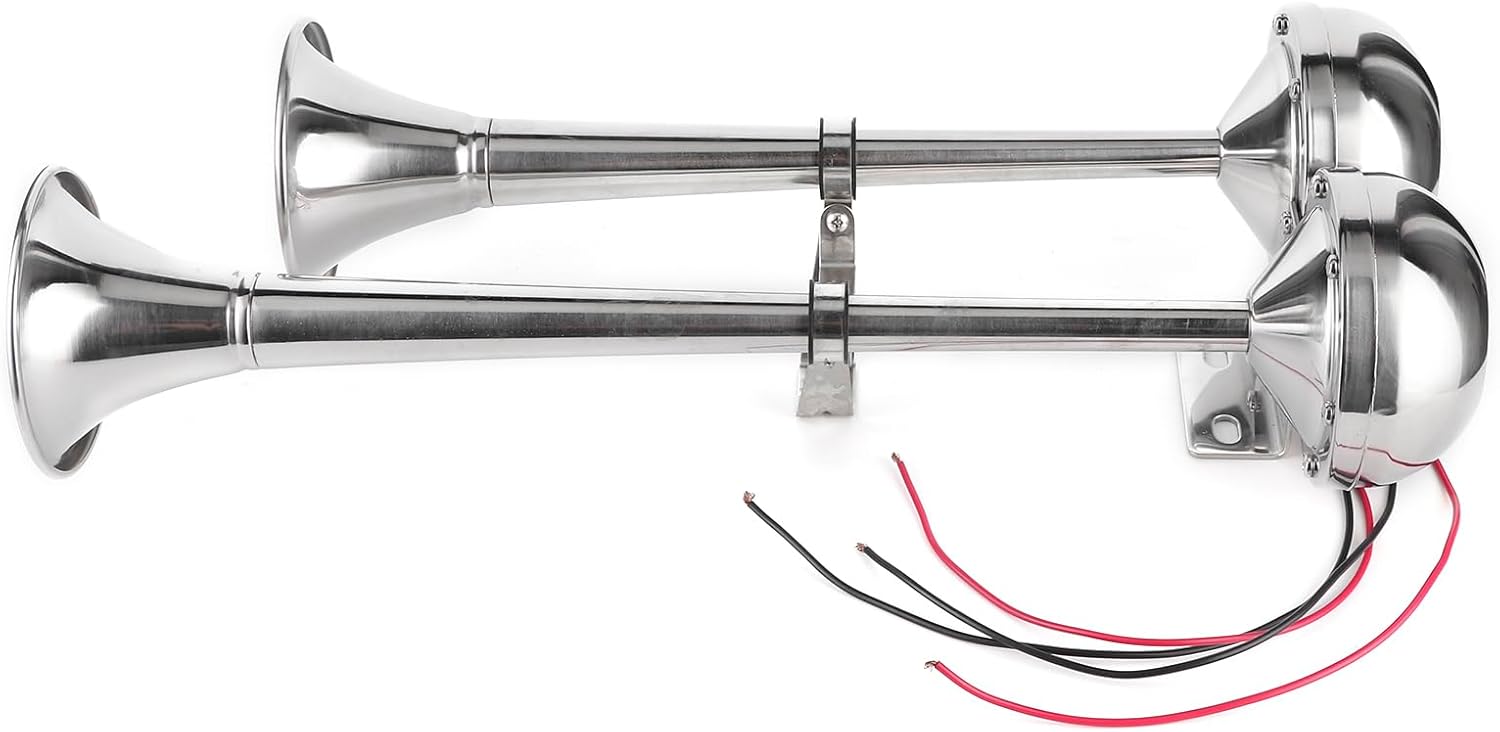 125db Dual Trumpet 12V Electric Horn with Stainless Steel Marine Ade Truction and 380Hz Sound for Boats and Marine Use