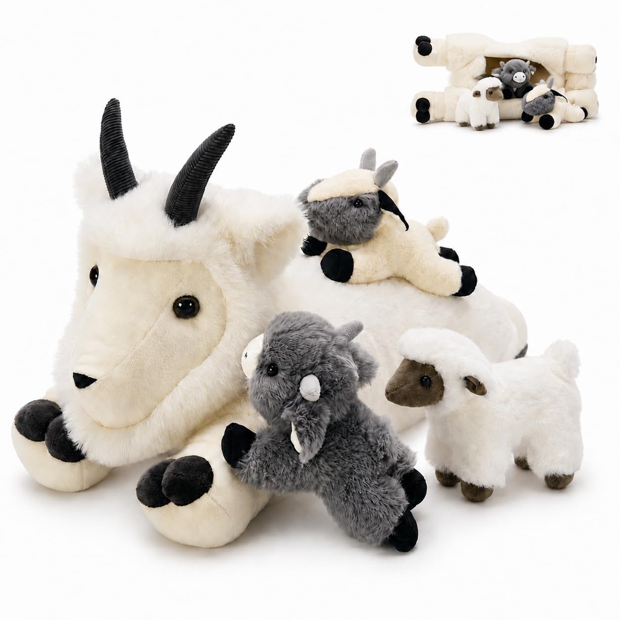 MorisMos riesen 4 stücke Ziege Kuscheltier XXL Set, 45cm groß Ziegen Plüschtier Stofftier mit 3 Babys im Bauch, Bergziege Ziegenbock Goat Schaf, Geburtstag Weihnachten Geschenk für Jungen Kinder