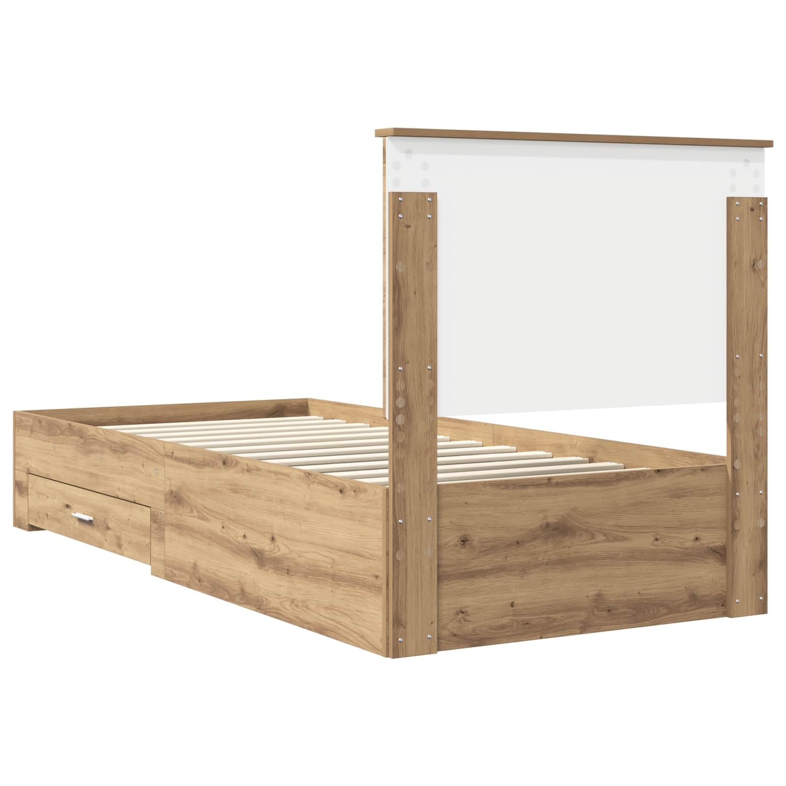 Marco de cama con cabecera, roble artesanal, 90 x 200 cm, hecho de material derivado de la madera, moderna cama de almacenamiento, con cajones, espacio de almacenamiento y diseño elegante