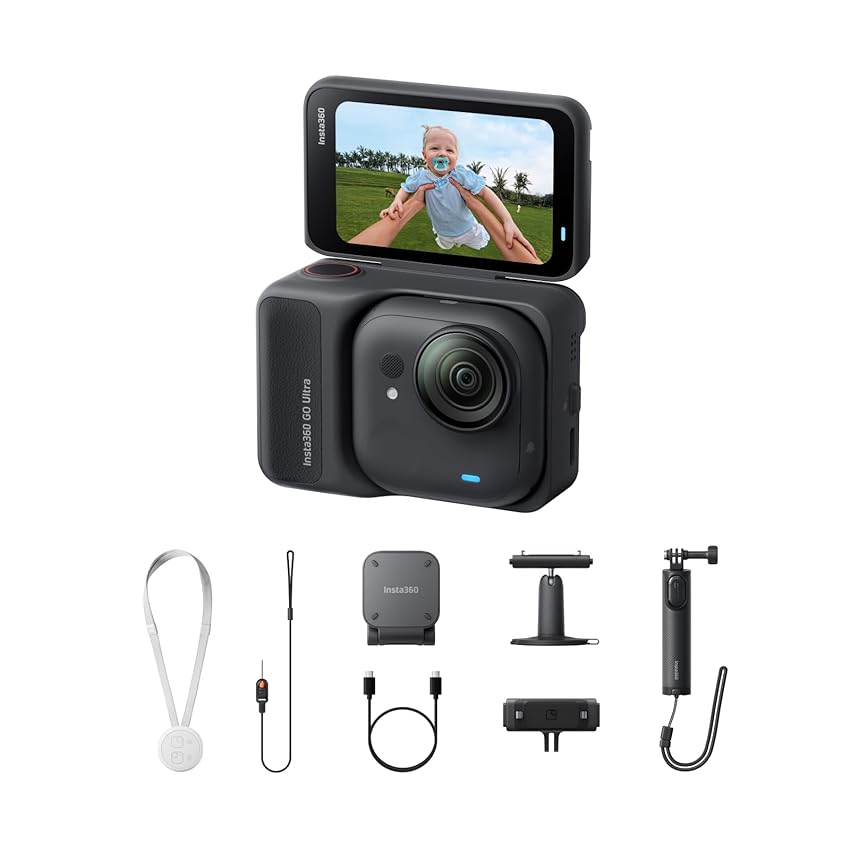 Insta360 GO Ultra Pack Creator Nero Notte- action cam mini 4K a mani libere, indossabile, superba in bassa luce, montala ovunque, stabilizzazione FlowState, 200 min di carica,bici e corsa