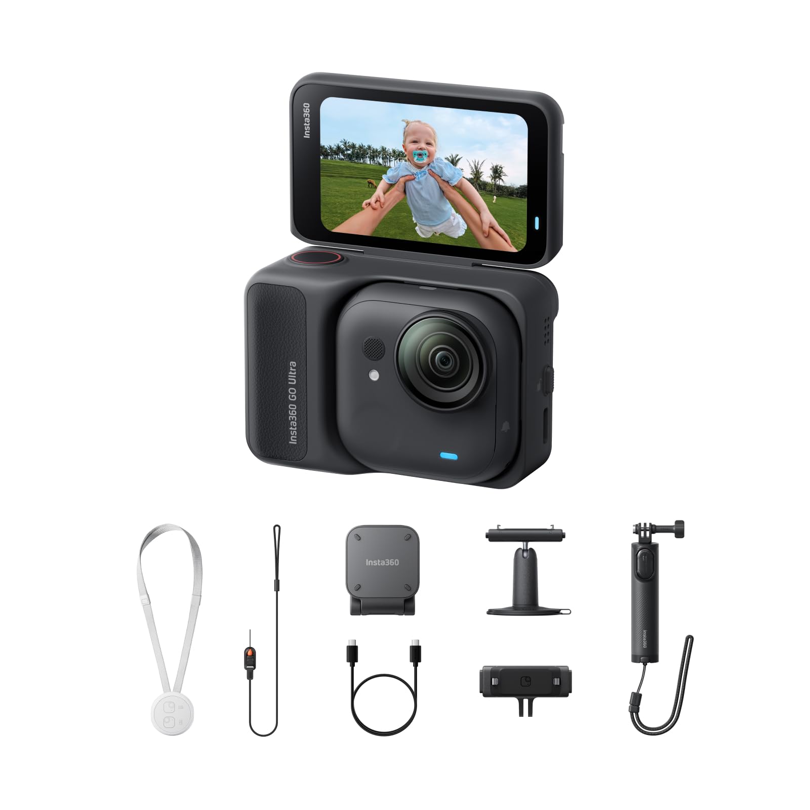 Insta360 GO Ultra Pack Creator Nero Notte- action cam mini 4K a mani libere, indossabile, superba in bassa luce, montala ovunque, stabilizzazione FlowState, 200 min di carica,bici e corsa