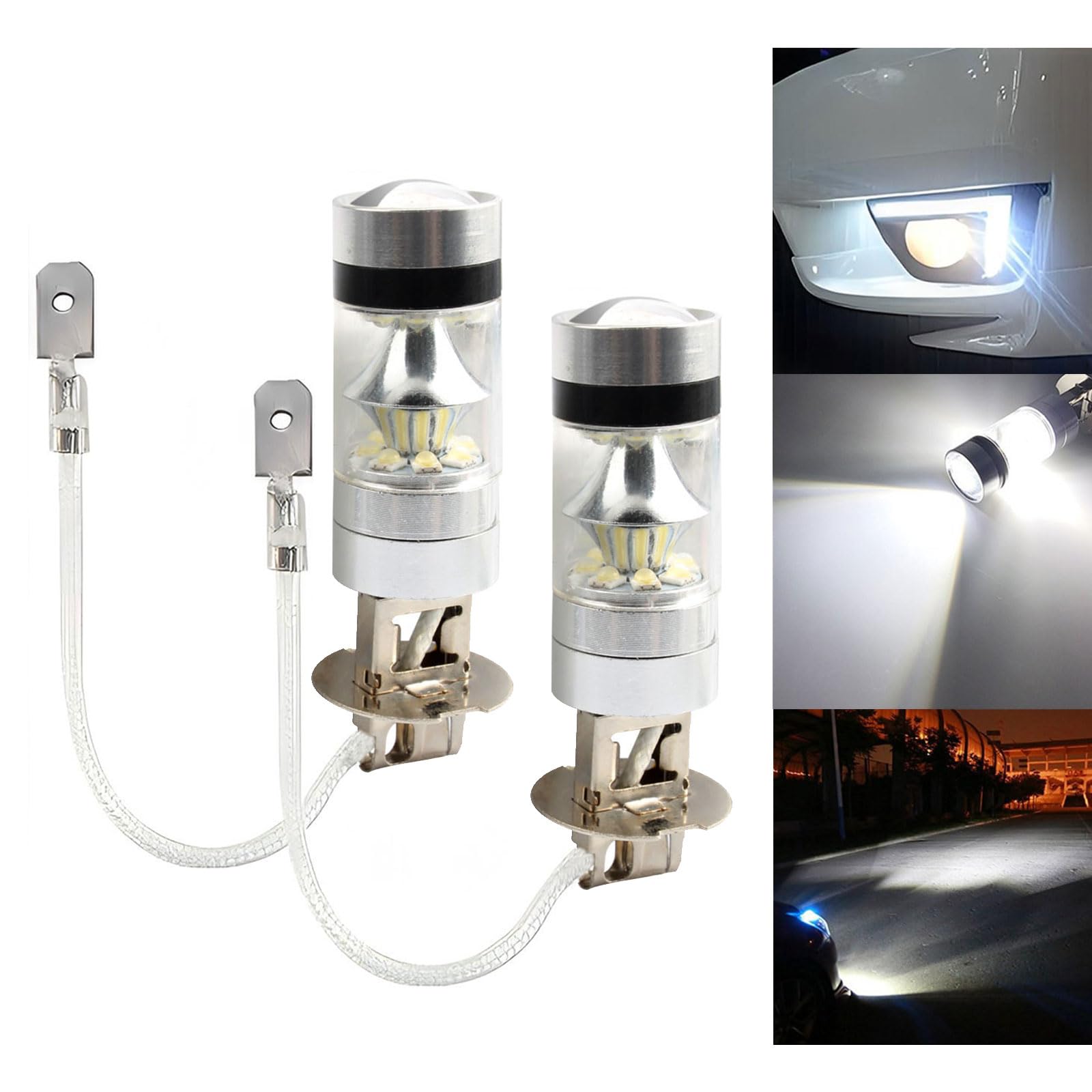 2 PCS Car LED Fog Light, H3 20 LED High-power High-brightness SMD Lamp Bead Low Beam Light with Lens, Plug and Play Non-destructive Installation Bulb Replacement, Universal Cars (White)
