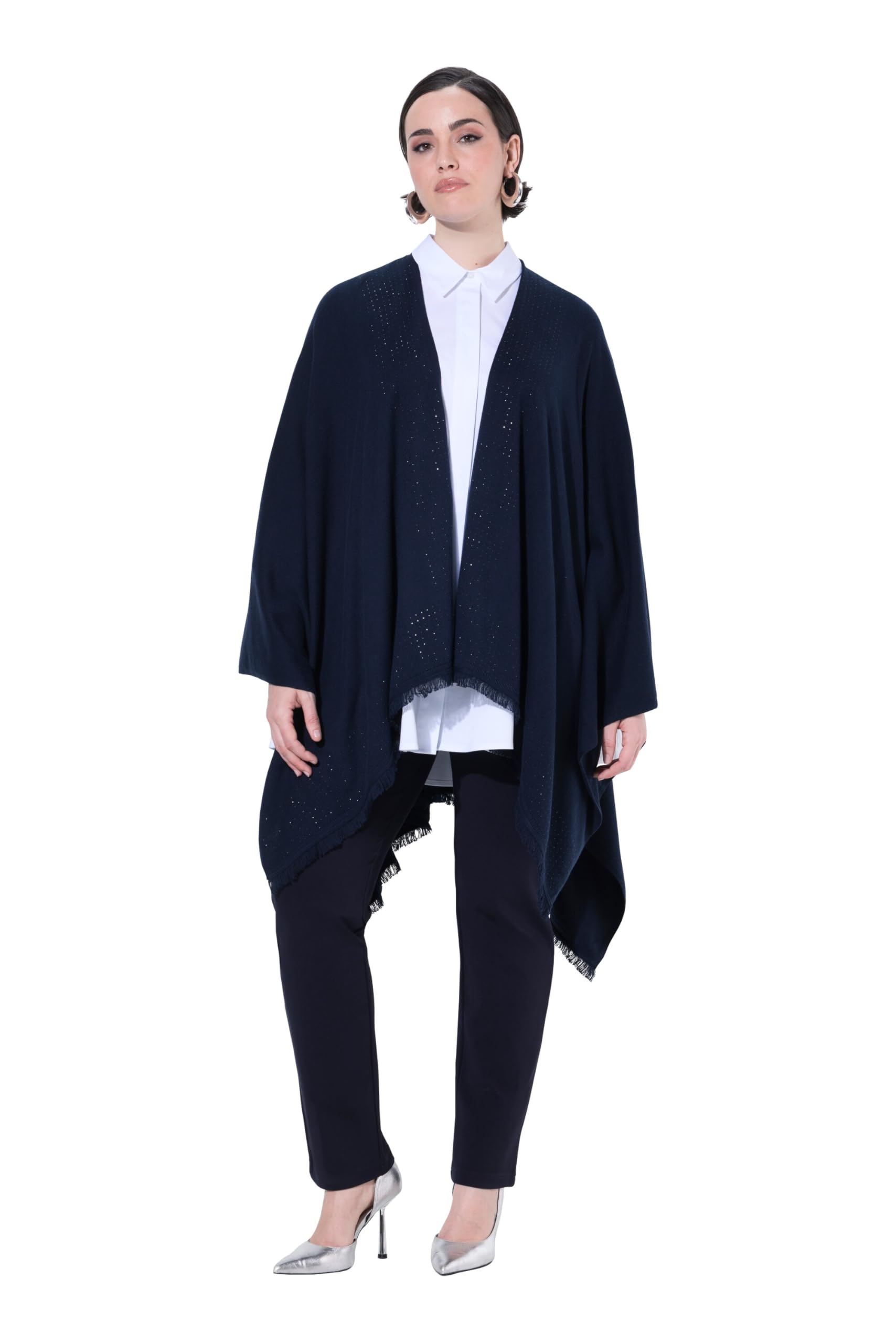 Ulla Popken Damen große Größen Übergrößen Plus Size Strickponcho, Oversized, Ziersteine, offene Form 841117