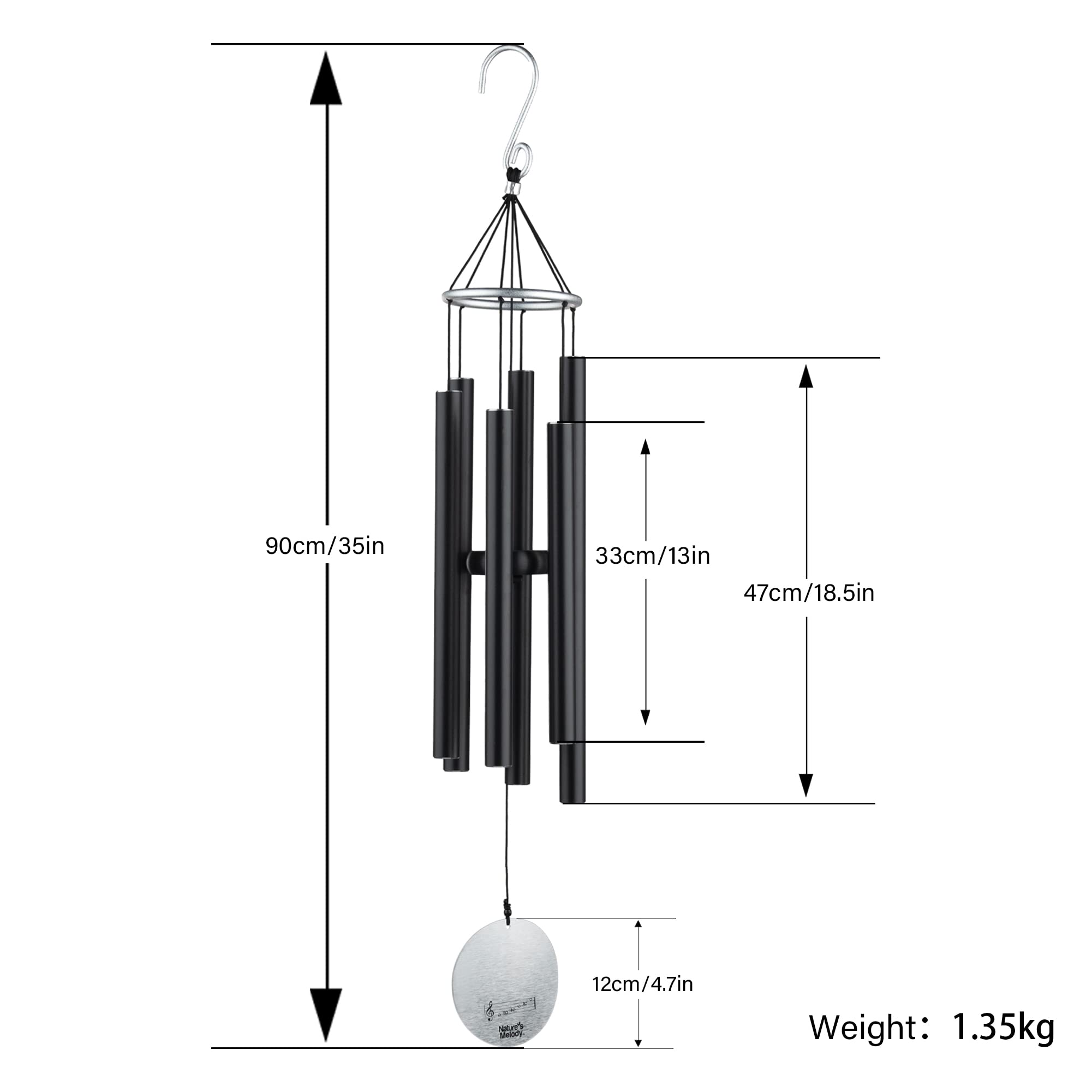 OSVINO Campane a Vento Decorazione Grande Metallo per Giardino Fenster 90cm Lunghezza, Nero