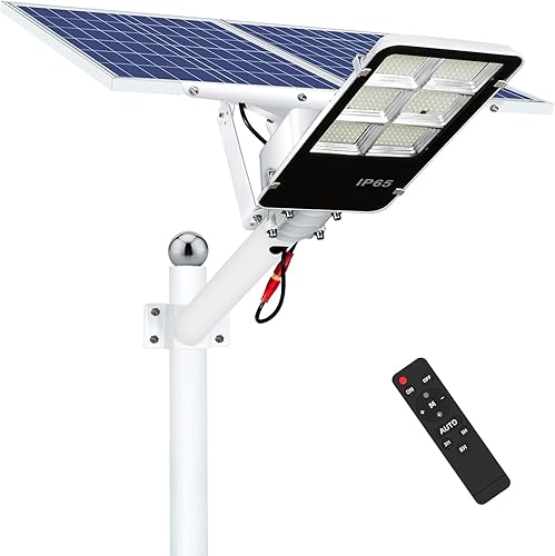 Highland Tech - Luz de calle solar de 500 W para uso al aire libre con control remoto, luz de inundación LED blanca de 6500 K, ideal para patio,