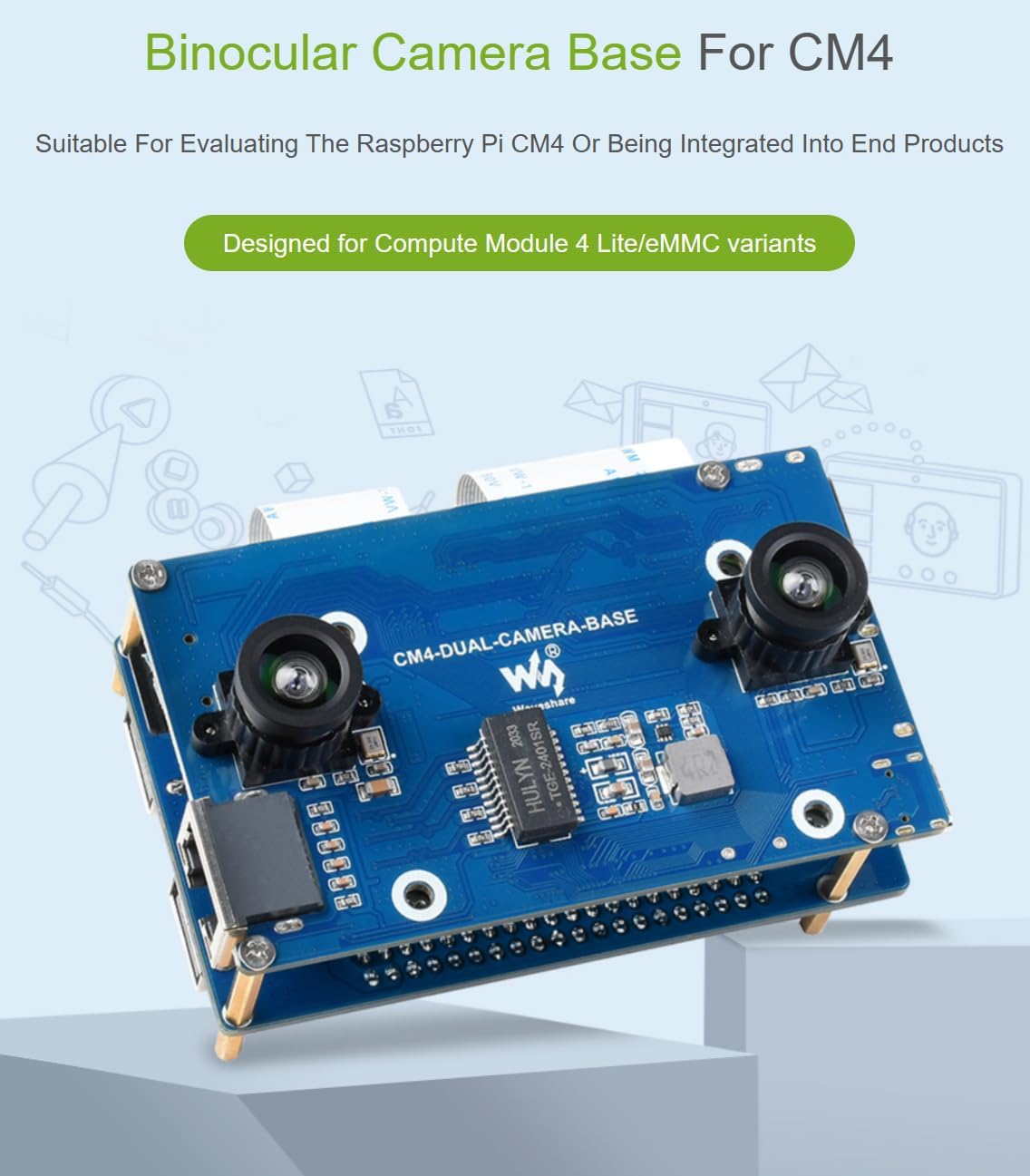 Scheda base per fotocamera binoculare compatibile con il modulo di elaborazione Raspberry Pi 4 Lite/EMMC varianti incluse espansore di interfaccia