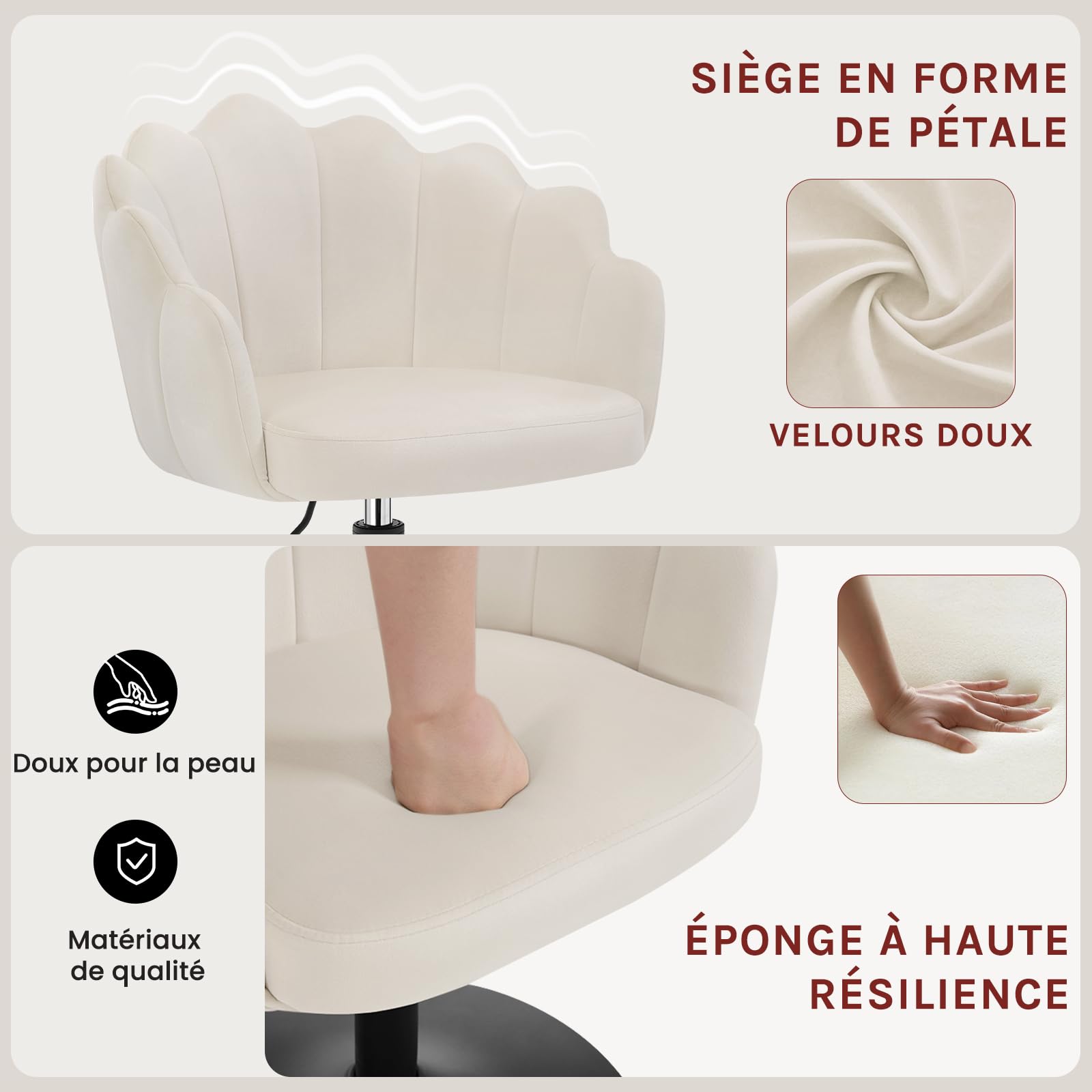 WOLTU Chaise de Coiffeuse, Fauteuil Pivotant en Velours, Fautauil de Maquillage Réglable en Hauteur, Dossier Pétale, pour Salon, Salle à Manger, Chambre à Coucher, Crème