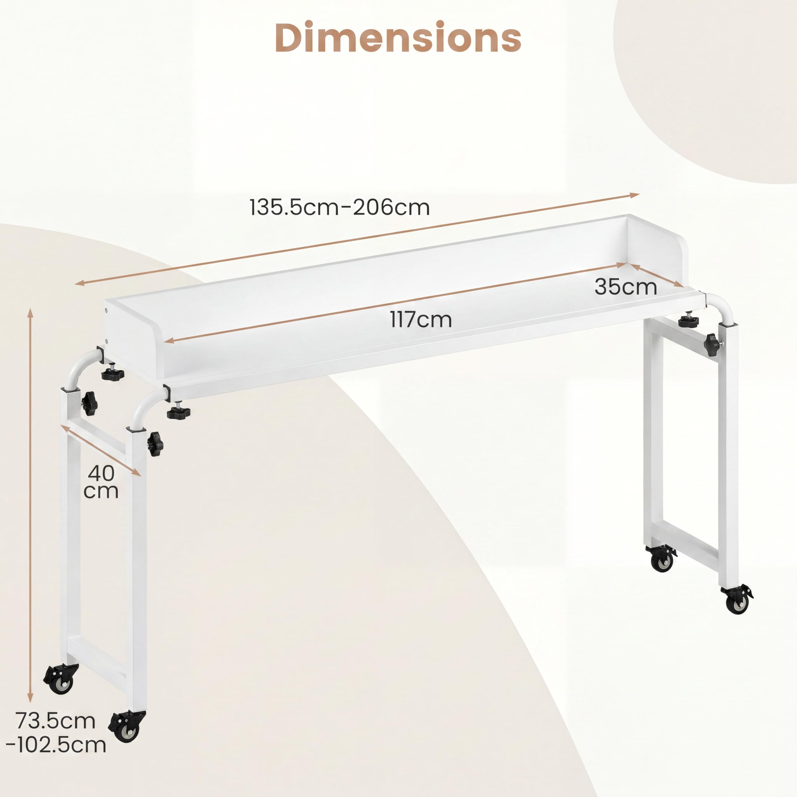GIANTEX Mesa de cama con 4 ruedas, mesa de ordenador portátil con altura y longitud ajustables, 135,5-206 x 40 x 73,5-102,5 cm, mesa de aseo, mesa para ordenador portátil, para dormitorio, estudio