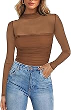 Poetsky Women's Sexy Sheer Long Sleeve Tops Mock Turtle Neck Mesh Ruched Fall Trendy Going Out Shirt Fitted Blouse 2026