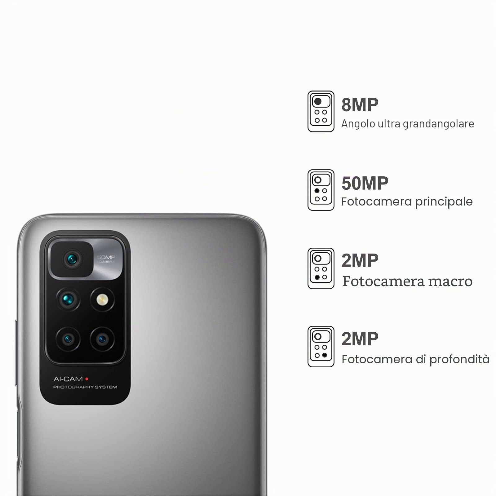 XIAOMI Redmi 10 - Smartphone 64GB, 4GB RAM, 6.5" FHD+ DotDisplay, MediaTek Helio G88, 50MP AI Quad Camera, Dual SIM, Grigio