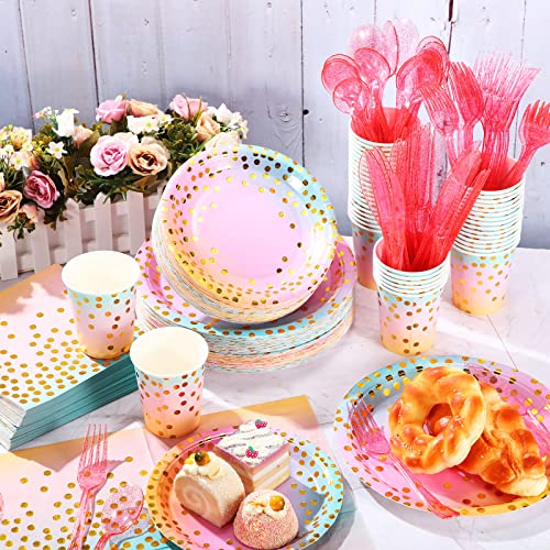 560 Pcs Rainbow And Gold Party Supplies For 80 Guests Disposable Dinnerware Kits Gold Dots On Rainbow Paper Plates Napkins Cups Plastic Forks Knives Spoons For Birthday Wedding Baby Shower Home Party #TOP2