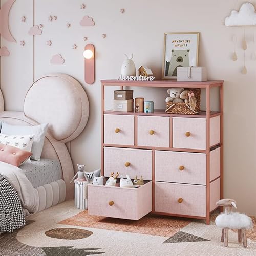 Enhomee Pink Dresser For Bedroom With 7 Drawers And 2 Shelves, Pink Dresser For Girls Bedroom With Wooden Top And Metal Frame, Dressers & Chest Of Drawers For Bedroom, Closets, Nursery, Pink #TOP6