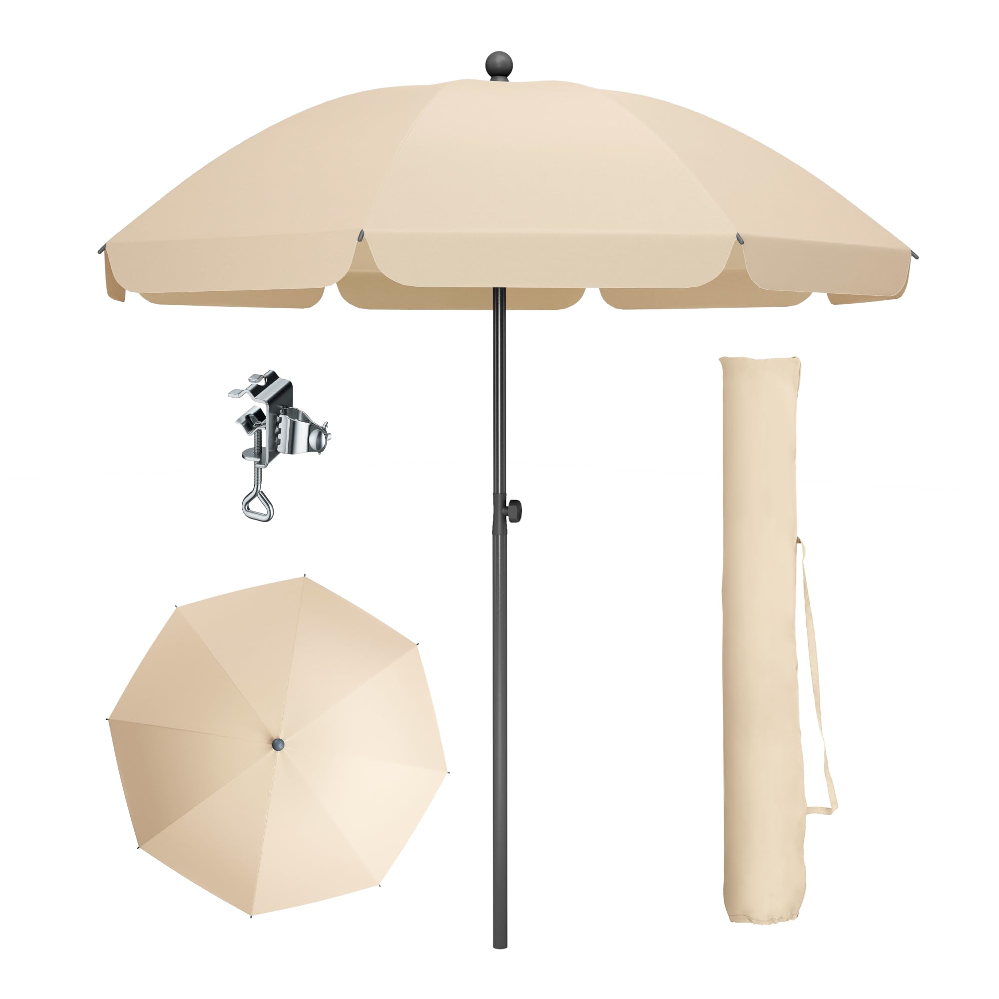 PHI VILLA Ø175x210cm Sonnenschirm Höhenverstellbar mit Hülle & Klemme, Strandschirm Kippbar Windfest Stabil zum Mitnehmen, UV50+ Schutz für BalKon Strand BalKongeländer Tisch, Beige
