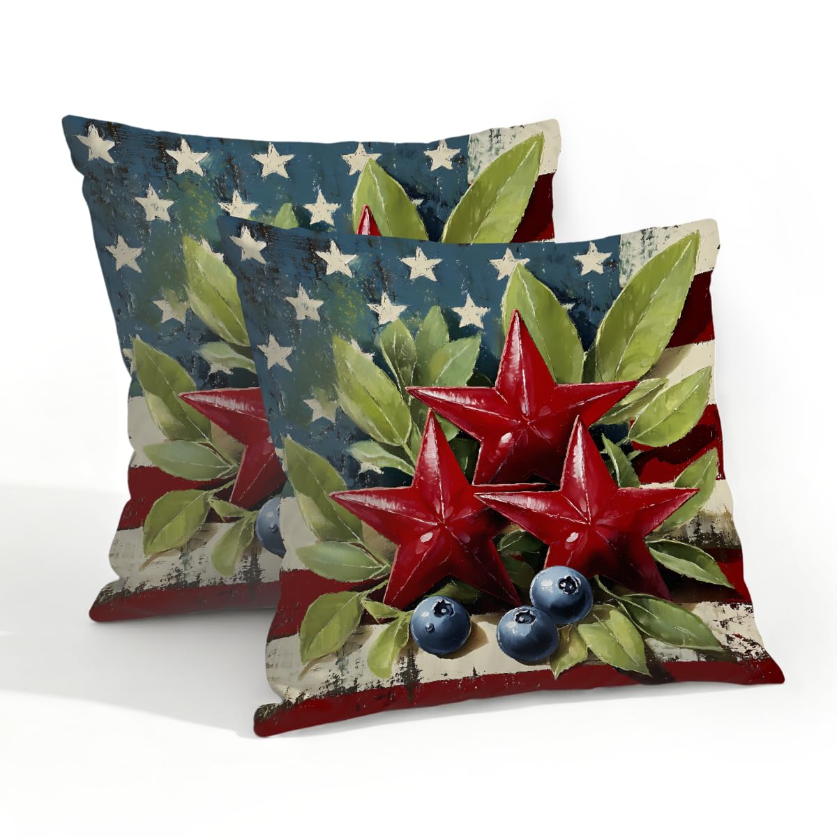 Outdoor Pillow Covers Waterproof Pillowcases 18x18in Set of 2 American Flag Berry Leaf Decorative Throw Cushion Case for Couch Sofa Garden Patio Furniture