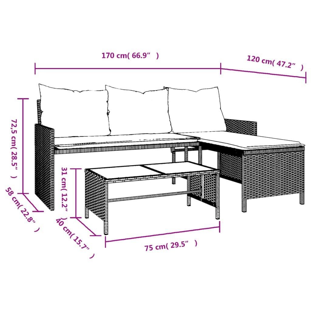 vidaXL Narożnik ogrodowy z poduszkami i stolikiem, rattan PE, szary, sofa do ogrodu, meble ogrodowe, kanapa ogrodowa, siedzisko ogrodowe