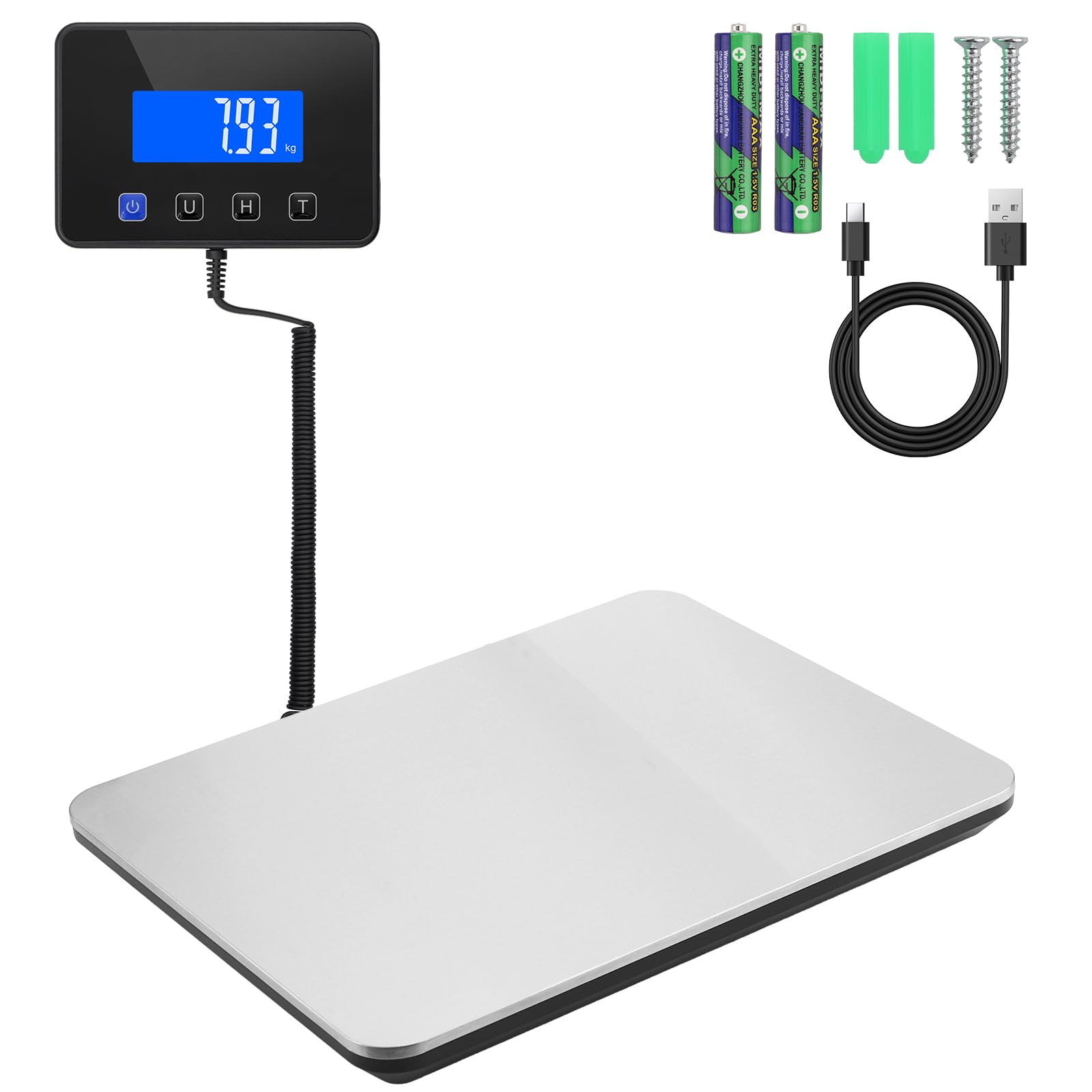 HOMGEN Paketwaage 200kg/10g LCD Plattformwaage mit Tara/Hold Funktion, USB-Akku, Digitalwaage Edelstahl-Plattform, Tragbar Postwaage für Pakete Gepäck Lager Unternehmen Hausgebrauch