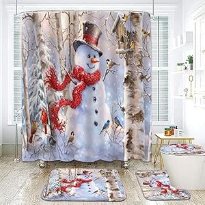 GUDAGUU  4 Piece Christmas Shower Curtain Bathroom Decorations Sets,Cute Snowmen Theme Santa Bath Decor with Toilet Seat Cover Rug Xmas Rustic 71 inch Long Bathroom Accessory Set (G2)