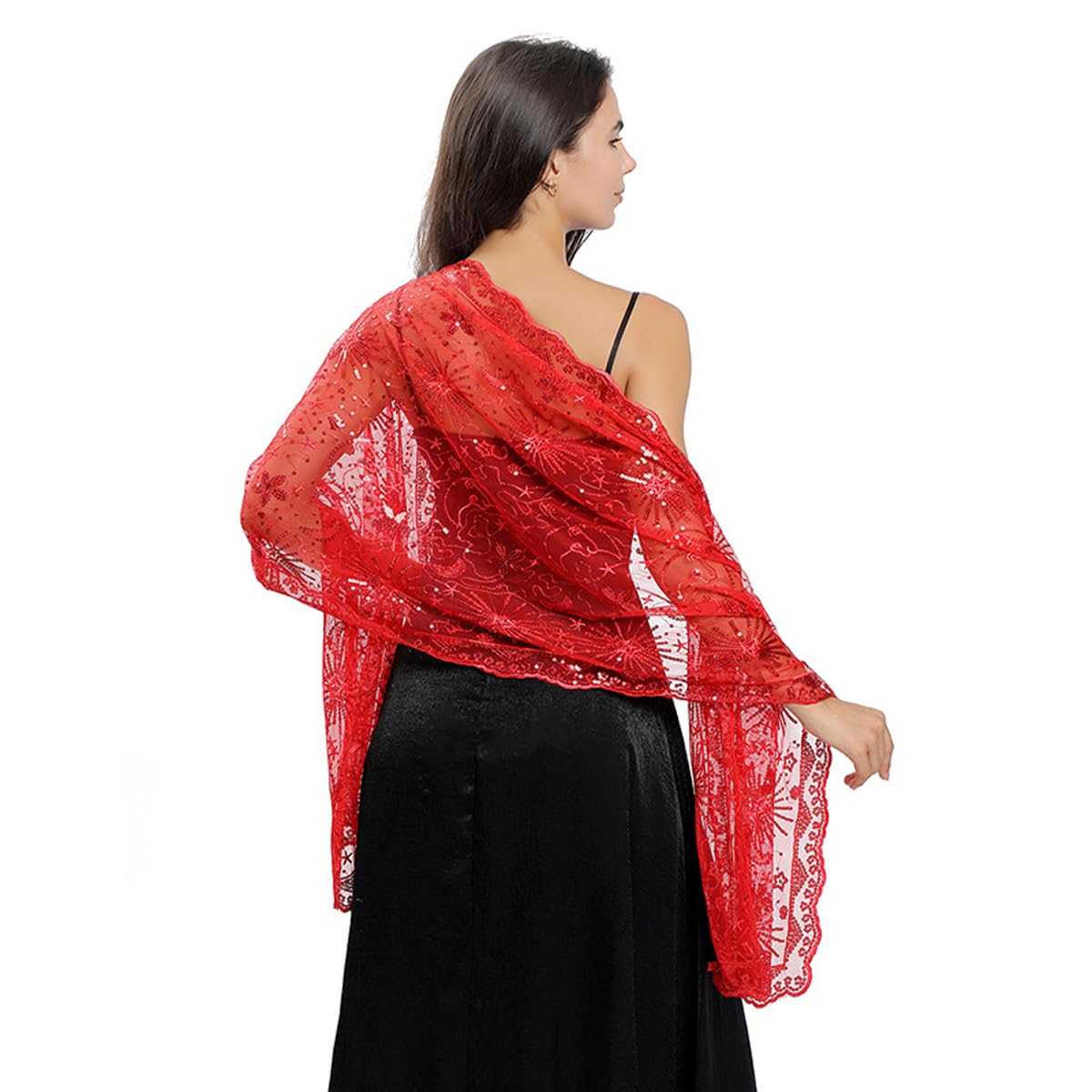 Ccaipu Women's Red - D Lace Shawls And Wraps For Soft Mesh Pashmina Shawls And Scarves Tassels Silky Shawl For Wedding Party Bridal Dresses, 185*65