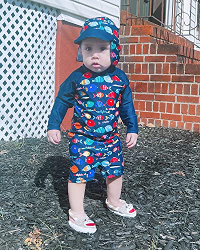 Uideazone Baby Boy Fish Print Swimsuit Rashguard Zip Long Sleeve One Piece Sunsuit With Sun Hat For Beach Surfing Swimming #TOP1
